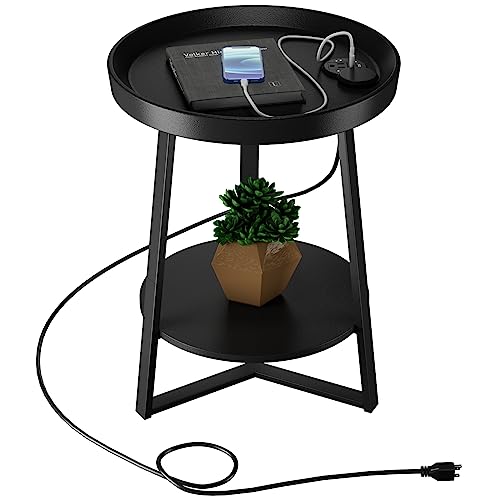 Gadroad Round End Table with Charging Station, USB Ports and Anti-Drop Fence, Wood Tabletop & Black Metal Frame, 2-Tier Side Table for Living Room, Bedroom, Black 15.7 * 15.7 * 23.0 inches - color: Black, style: with Charging Station