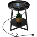 Gadroad Round End Table with Charging Station, USB Ports and Anti-Drop Fence, Wood Tabletop & Black Metal Frame, 2-Tier Side Table for Living Room, Bedroom, Black 15.7 * 15.7 * 23.0 inches - color: Black, style: with Charging Station
