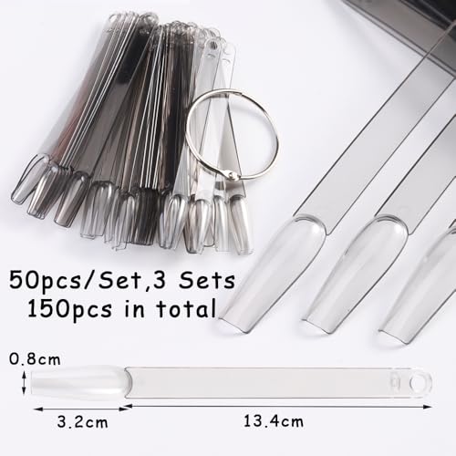 150 Pcs Nail Swatch Sticks with Ring, Transparent Black Ballerina Nail Art Tips, Long Coffin False Nail Sample Sticks, Polish Gel Display Practice Tools Nail Supplies for Home or Salon Use - color: Transparent Black Ballerina