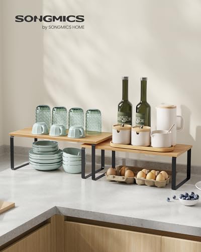SONGMICS Cabinet Organizer Shelf, Set of 2 Kitchen Counter Shelves, Kitchen Storage, Spice Rack, Stackable, Expandable, Metal and Engineered Wood, Ink Black and Natural Beige UKCS200B01 - color: Ink Black + Natural Beige, size: 15.6"W