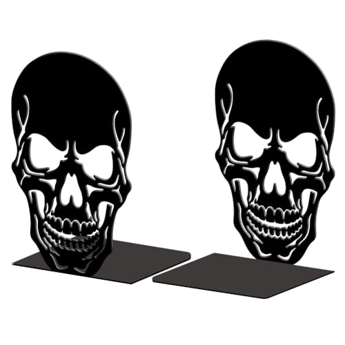 Peacoblue Metal Bookends for Shelves, Modern Decorative Heavy Duty Study Book Ends Stoppers for Office, Desk, Shelf, Room 5.3"x4.3"x7.9" Cast Iron Simple Tall Bookends 1 Pair (Skull) - style: skull