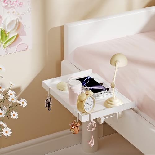Foldable Bedside Shelf, Metal Clip-On Bed Tray Table for Bunk Bed & Dorm Beds, Dorm Room Essentials Organizer for College Students, Floating Tray, Space Saving Nightstand for Loft Beds (White, Small) - color: White, size: Small