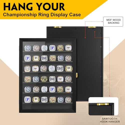 Championship Ring Display Case, 36 Ring Posts Sports Ring Display Case Wooden Shadow Box for Baseball Basketball Football Softball Award Rings Fan Souvenirs