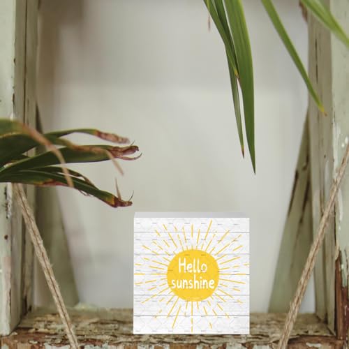 Hello Sunshine Summer Wood Box Sign Daisy Decor, EMOHAT Wooden Sign Desk Decor, Home Living Room Farmhouse Shelf Table Decoration 5.1x5.1 inch - color: Hello Sunshine