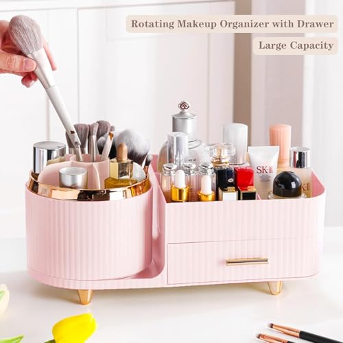 Rotating Makeup Organizer for Vanity with Brush Holder and Drawer, Cosmetic Makeup Storage, Large Spinning Makeup Skincare Organizer, Countertop Makeup Perfume Organizer, Lotions Display Case (Pink) - color: With Drawer-Pink