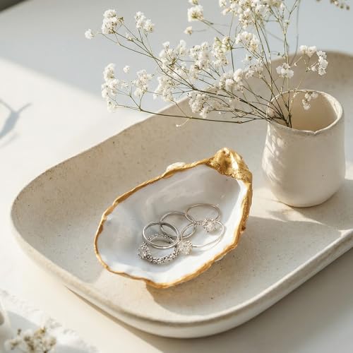 Natural Oyster Ring Trinket Dish Vintage Jewelry Tray for Keys Small Jewelry Holder for Bridal Shower Favors Friends Sisters Daughter Mother Gift Seaside Style Decor (Pearl Gold) - style: Pearl Gold