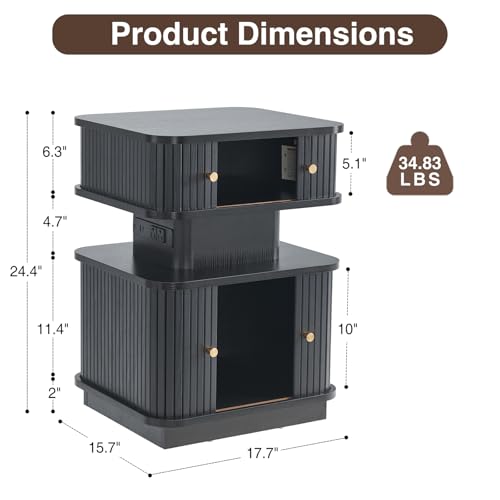 LED Light End Table with Charging Station, Black Smart Mid Century Bedside Table with USB Type A C Ports, Small Fluted Accent Control Nightstand with 2 Sliding Door for Living Room, Curvy Edge - color: Black