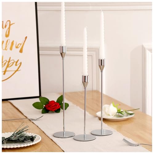 3Pcs Silver Candlestick Holders Set Fit 3/4" Tall Taper Candle Home Decorative Table Centerpieces for Family Dinning, Party Decoration - color: Silver, size: 3 set