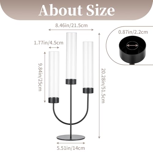 Sziqiqi Black Candelabra Candle Holder: 3 Arm Candlesticks Holder Decor with Glass Hurricane for Dining Table Centerpiece - Metal Candelabra for Halloween Outdoor Dinner Fireplace - color: Black