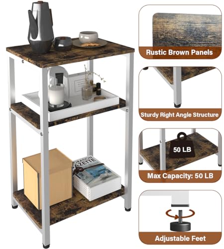 3 Tier Side Table, Heavy Duty End Table with Shelves, Narrow Nightstand Table for Small Spaces, Record Player Table for Bedroom, Living Room, Sofa Couch - Rustic Brown & White - color: White, size: 3-Tier