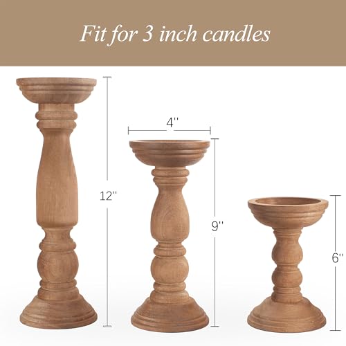 Farmhouse Wooden Candle Holders for Pillar Candles Set of 3, Rustic Wood Candle Holder Table Centerpiece Decor, 12'' 9'' 6'' Vintage Tall Candle Stand Decorative, Brown - color: Natural Brown