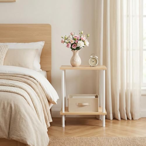 HOOBRO End Table, Small Side Table, Nightstand with 2-Layer Storage Shelves, Sofa Table for Small Spaces, Living Room, Bedroom, Stable Frame, Easy Assembly, Natural and White WN09BZ01 - color: Natural + White