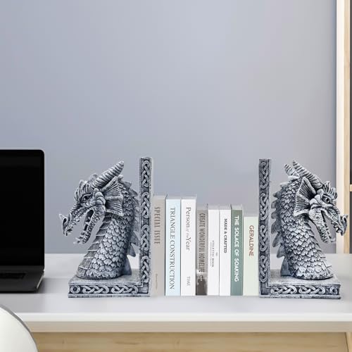 Dragon Bookends for Shelves Set of 2 - Heavy Book Ends Book Supports for Shelves - 4.15 "x 3.25 "x7 Unique Dragon Design Grey（10 Inch - color: Gray