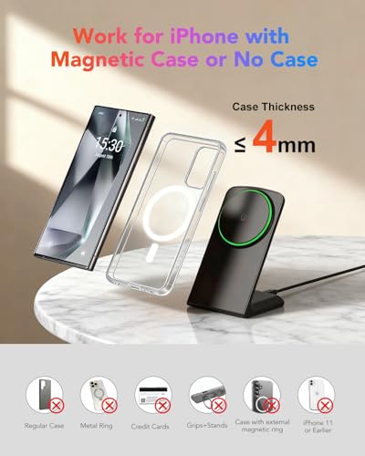 Magnetic Wireless Charger for iPhone, 15W Phone Charger Stand for iPhone/Samsung/Google(Matt Black) - color: Matt Black