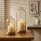 Hurricane Glass Candle Holders Set (5.1"×11.2" & 4.3"×7.7"), Metal Candle Holder with Hook Chains, Handmade Cloche Glass Dome & Antique Brass Candle Holder, for Pillar Candles, Floral Arrangements