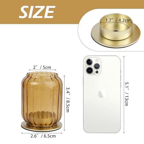 Vixdonos Glass Hurricane Tealight Candle Holder with Metal Candle Stand,Set of 3 Modern Windproof Votive Candle Holders for Wedding Party Table Centerpiece Outdoor,Amber - color: Amber