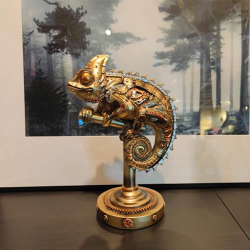 GENUINQ Steampunk Lizard Chameleon Statue Hand Painted Sculpture Resin Cyborg Sci-fi Collectible Figurine with Cool Gear for Home Table Book Shelf Man Cave Decor Gold