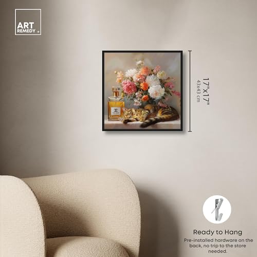 Art Remedy Cat Floral Vase Perfume Canvas Fashion Pet Art, Black Frame, 16" x 16" - color: Black Frame, size: 17"L x 17"W