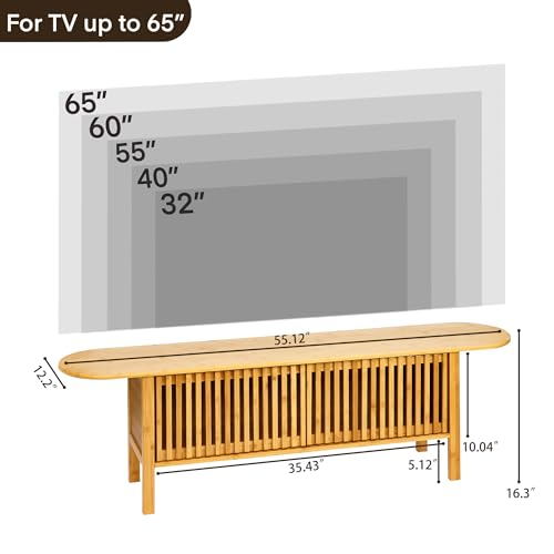 Bamboo TV Stand for TVs up to 65", Accent Entertainment Center with Storage, Media Console Table with Fence Door, Modern TV Stand for Living Room, Bedroom, 55"(L), Burlywood - color: Burlywood Fence Door