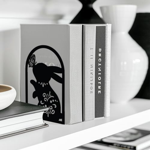 Peacoblue Metal Bookends for Shelves, Modern Decorative Heavy Duty Study Book Support Stoppers for Office, Desk, Shelf, Room 4.7"x3.5"x7.9" Cast Iron Simple Bookends, 1 Pair (Rabbit and Butterfly) - style: Rabbit and Butterfly