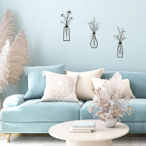 3 Pieces Metal Vase Flowers Wall Arts - Rustic Farmhouse Style Décor Metal Wall Art Black Minimalist Flower Natural Themed Wall Decors for Home Bedroom Dining Room Housewarming (Brown-Blue, Vase-C) - color: Brown-Blue