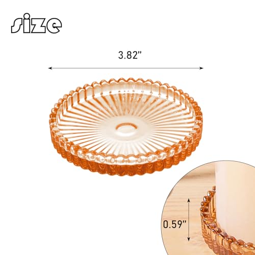 2 Pack Glass Pillar Candle Holders 4 Inch Ribbed Edge Design Decorative Candle Plate with Serrated Edges Clear Amber Display Stand for Wedding Home Decor Table Centerpieces - color: Brown