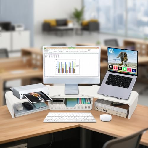 LEKETREE Dual Monitor Stand Riser with Drawer, Desk Organizer and Accessories, Metal Laptop Stand for Desk, Workspace Desktop Stand for Computer, Laptop, TV and More (White) - color: White