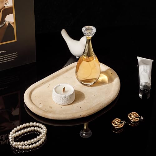 Natural Travertine Tray,Marble Ring Dish for Bathroom,Special-Shaped Jewelry Tray,Dressing Table, Bedside Table,Home Decor,Beige Large (NS030) - size: 10.2" x 7.1" x 0.6"