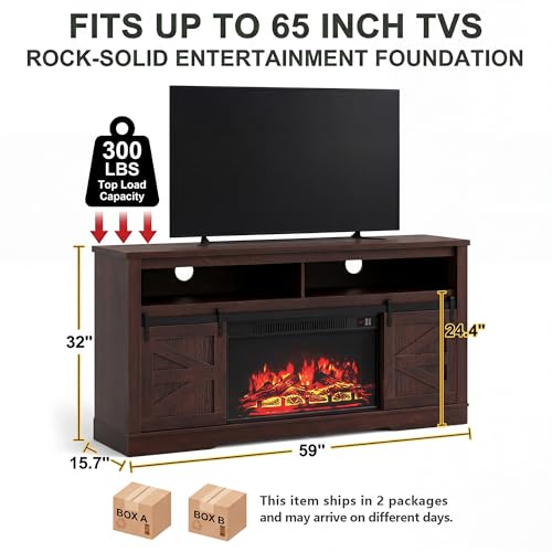 YESHOMY Fireplace TV Stand for Television up to 65+ Inch with Storage and Farmhouse Sliding Barn Doors, Entertainment Center with Cabinet and Shelves, Media Console for Living Room, Rustic Dark Brown - color: Rustic Dark Brown, style: Sliding Barn Doors F