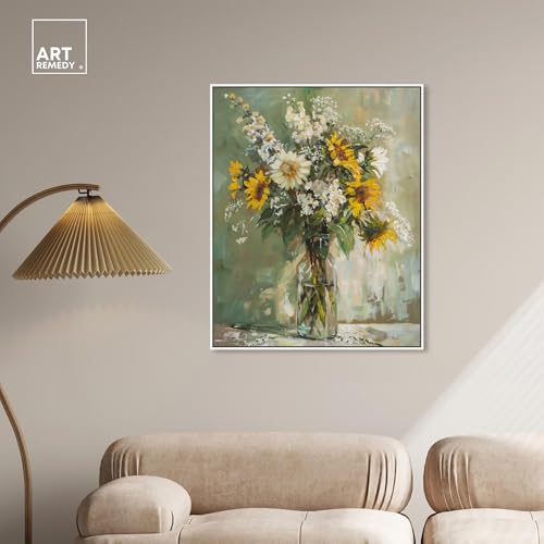 Art Remedy Sunflowers In A Glass Vase Canvas Vintage Farmhouse Wall Art, White Frame, 30" x 36" - color: White Frame, size: 37"L x 31"W