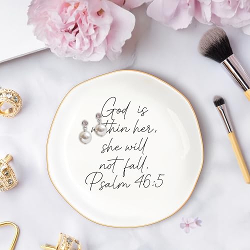 Christian Gifts for Women, Bible Verse Ceramic Jewelry Dish Trinket Ring Tray, Inspirational Floral Gift for Mom Sister Friend Birthday Christmas-God is within Her Psalm 46: 5 (White-46:5) - color: White-46:5