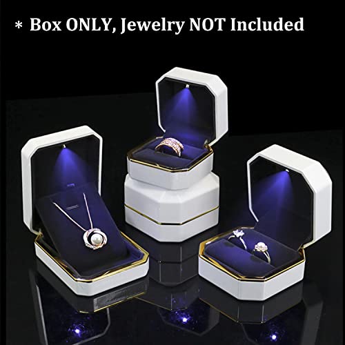 Luxury Ring Box, Square Velvet Wedding Ring Case Jewelry Gift Box with LED Light for Proposal Engagement Wedding, White - color: White, size: Ring Box