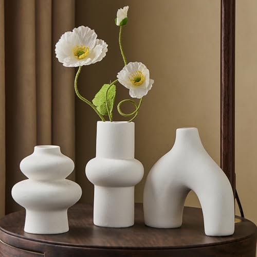 Ceramic Farmhouse Vase Set of 3, Rustic Centerpiece Vases for Fresh Dried Flowers Pampas Grass Bouquets, Boho Home Decor for Living Room Kitchen Entryway Table Mantel, Wedding Decor - color: White Vase - C