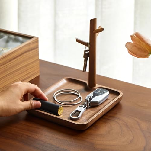 Black Walnut Solid Wood Key Dish Bowl for Entryway Table Square Tray With 3 Hooks, Open Storage for Keys, Wallet, Jewelry (Walnut, Square) - color: Walnut, size: Square