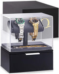 QWATCH Watch Stand Display Case - Acrylic Watch Box for 2 or 4 Watches with Jewelry Valet Tray and Drawer - color: Single - Black / Charcoal
