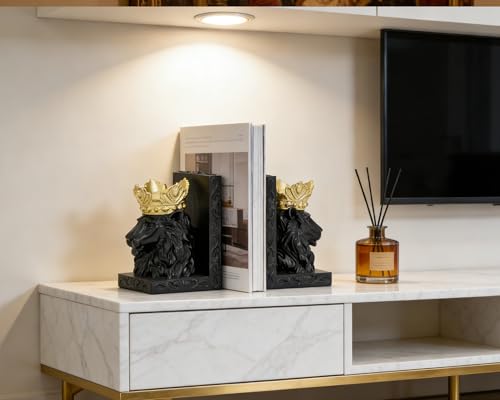 Black Lion Head Bookends with Regal Design, Solid Resin for Heavy Duty Book Support, Non-Slip Pads for Stability, Gift for Lion Enthusiasts Collectors - color: Black