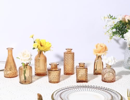 12 Pack Amber Gold Glass Bud Vase Set, Small Vintage Vases for Centerpieces, Decorative Flower Vases for Wedding Home Table Decor - color: Amber, size: 12pcs