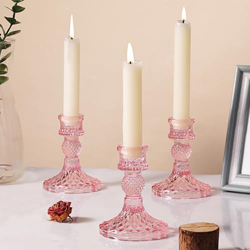 12Pcs Pink Candlestick Holders Set- 4" H Taper Candle Holders Bulk, Glass Candle Holders for Wedding, Party, Romantic Dinner Table Centerpieces, Festival Gifts & Windowsill Decor - color: Pink Dimond Pattern