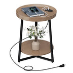 Gadroad Round End Table with Charging Station, USB Ports, Wood Tabletop & Black Metal Frame, 2-Tier Side Table for Living Room, Bedroom, Walnut Color 15.7 * 15.7 * 23.0inches - color: Walnut, style: with Charging Station
