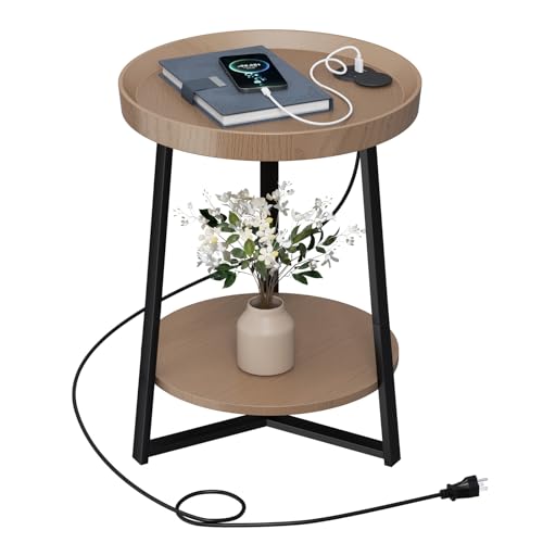 Gadroad Round End Table with Charging Station, USB Ports, Wood Tabletop & Black Metal Frame, 2-Tier Side Table for Living Room, Bedroom, Walnut Color 15.7 * 15.7 * 23.0inches - color: Walnut, style: with Charging Station