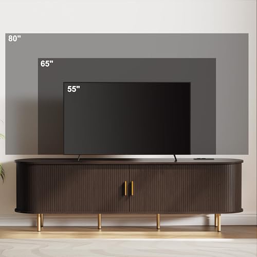 DHH 70.8" Mid Century Modern TV Stand with Power Outlet for TVs up to 80 Inch, Entertainment Center with Storage and Adjustable Shelves, Media Console with Sliding Doors for Living Room(Dark Walnut) - color: Dark Walnut, size: 71 Inch