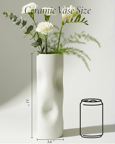 11 Inch Ceramic Flower Vase, OOSTONEE Tall Ceramic Vase, Unique Boho Modern Geometric Decorative Style, Must-Have for Shelf, Home, Living Room, Bookshelf Decor, Coffee Table Centerpiece
