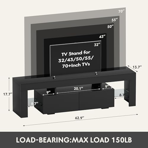 YESHOMY Modern Black LED TV Stand for Televisions up to 70 Inch with Glass Shelves and Drawer, Gaming Entertainment Center with Multiple Dynamic RGB Modes, for Livingroom, Bedroom, 60 Inch, Black - color: Black