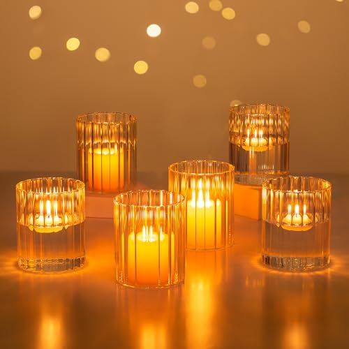 Glasseam Ribbed Glass Candle Holder: Set of 6 Clear Hurricane Candle Holder Cylinder Candle Holders for Pillar Candles Decorative Floating Candle Vases for Centerpieces Wedding Table Decoration 3.94’’ - color: 6, size: Ribbed-4in
