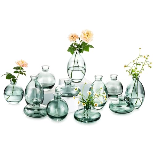 Glass Bud Vase for Centerpieces: 12Pcs Glasseam Green Mini Small Vases for Flowers Bulk Flower Vase Set Aesthetic Cute Handmade Tiny Short Wedding Table Centerpiece Decor - color: Green, size: 4 Sets