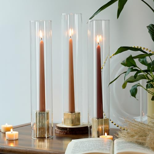 LETINE 14" Tall Hurricane Candle Holders with Gold Ribbed Taper Candle Holders Set of 3– Bulk Windproof Taper Candle Hurricane Glass for Outdoor&Indoors Wedding Centerpiece, Event & Home Decor - color: Gold, size: 14H"-3pcs+3pcs Taper Holder1.57"/2.36"/3.