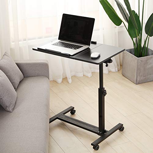 TigerDad Over Bed Table with Wheels Adjustable | Rolling Laptop Table Overbed Desk Hospital Tray Table Sofa Chair Side Table (Black) - color: Black