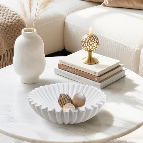 Large Modern Decorative Ruffle Bowl for Home Decor Fruit Bowl Organic Catch All Key Kitchen Entryway Shelf Coffee Table,White - color: White