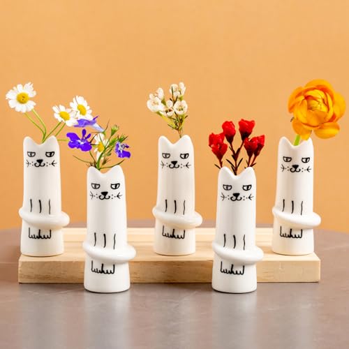 MOUGIGI Set of 5 Cat Flower Vase Bud Ceramic Small Cute Mini Handmade Decor - Unique Modern Tiny Wedding Party Birthday Gift - Bulk Trendy Pretty Little Vases - color: 5 Pcs Cat Vase