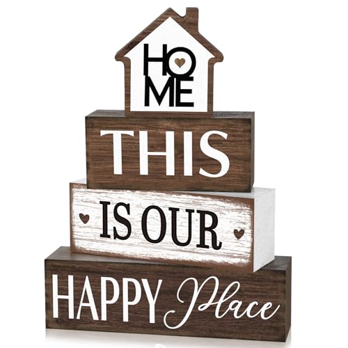 Cinnvoice 4 Pcs Farmhouse Tabletop Decor Rustic Family Blessed Home Table Centerpiece This Is Us Sign for Kitchen Shelf Desk Fireplace Mantel Tiered Tray Decor(Home This is Our Happy Place) - style: Home This is Our Happy Place